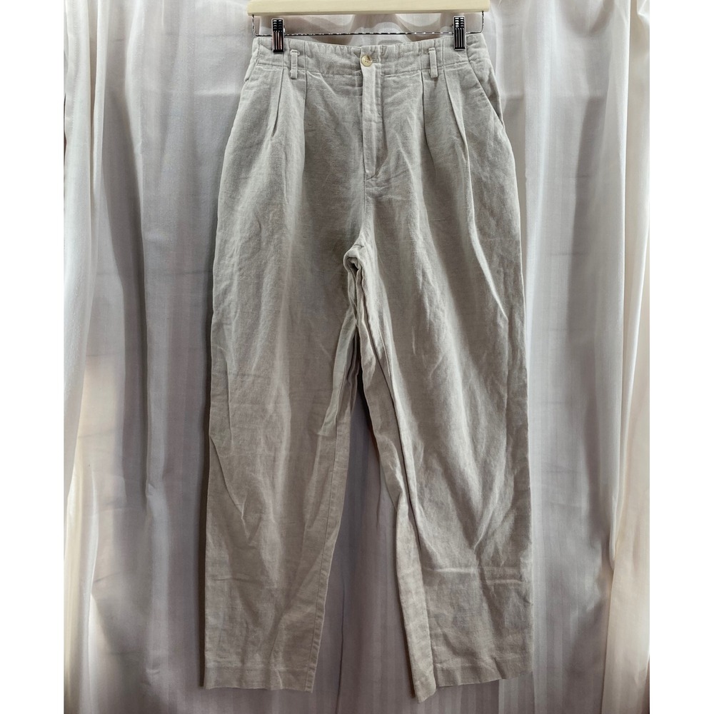 L L‎ Bean Women's Linen Pleated Wide Leg Pants Beige Casual Medium 27" Waist
